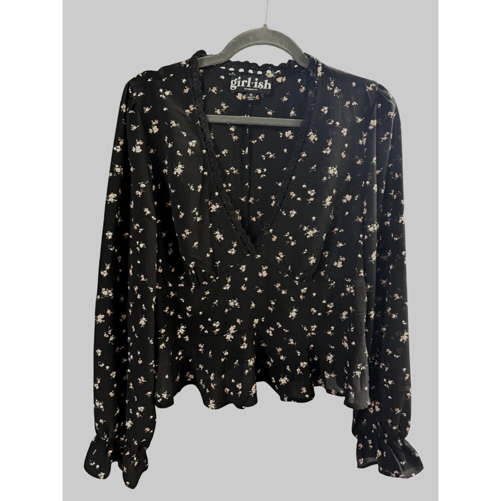 Black Floral‎ Ruffle Blouse XL Western Prairie Cottage Whimsy Goth Feminine Boho